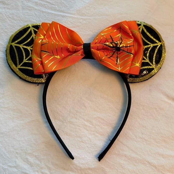 Accessories - Minnie Mouse Halloween Ears w/Orange Bow & Gold Spiderwebs & Spider - Sequins